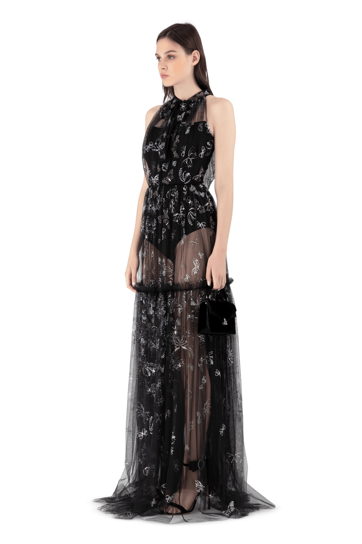Black Invisible Tulle Butterfly Tier Gown